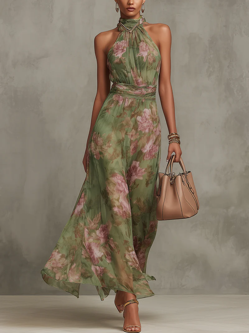Floral Halter Neck Maxi Dress