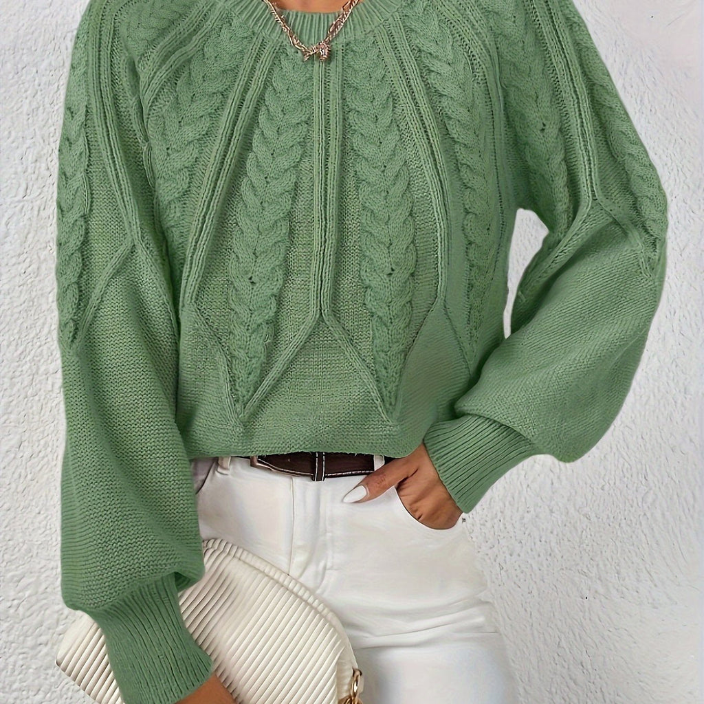 Women's Cable Knit Sweater with Relaxed Fit and Lantern Sleeves for Everyday Wear