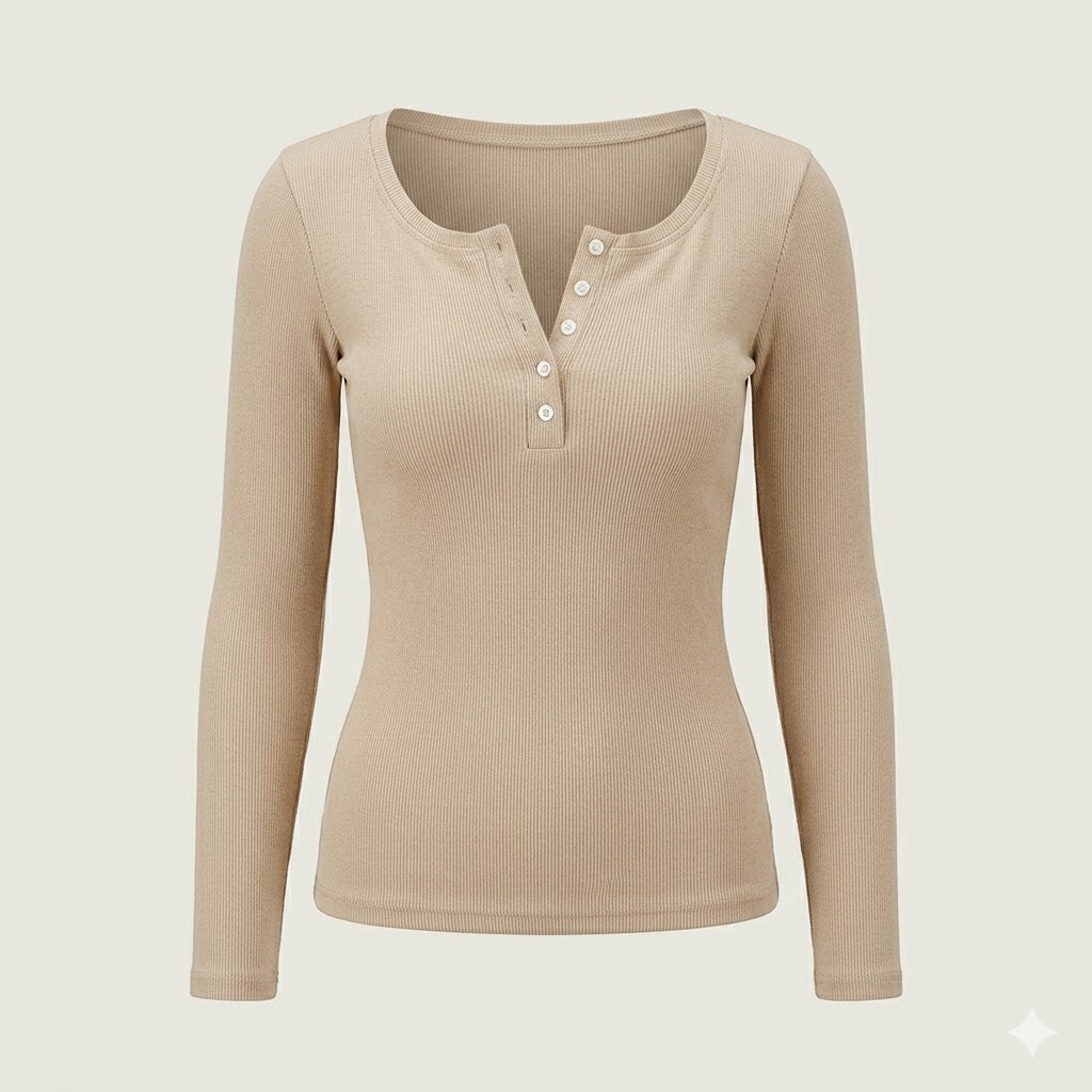 Women's Long Sleeve Top Polyester Blend Button Front Ribbed Stretch Casual Workwear