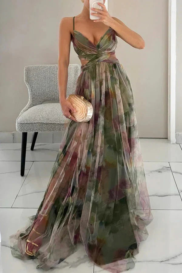 Floral Tulle Maxi Dress Sleeveless Flowy Wedding Guest Formal Dress
