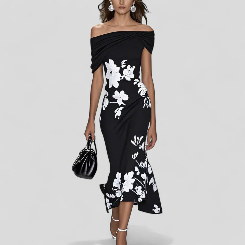 Women's Off Shoulder Floral Midi Dress Fitted Silhouette Floral Print Cocktail Dress