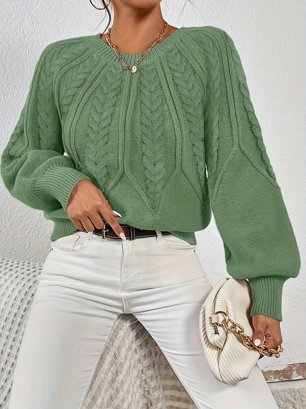 Women's Cable Knit Sweater with Relaxed Fit and Lantern Sleeves for Everyday Wear