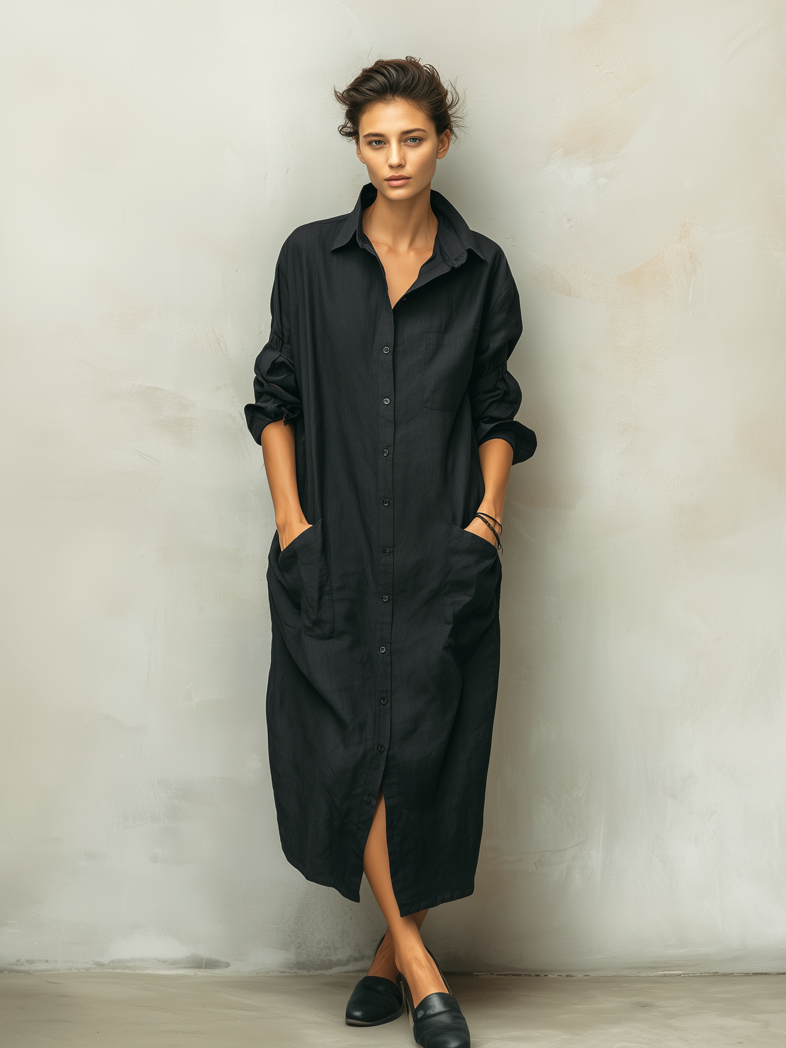 Women’s Long Sleeve Cotton Linen Shirt Dress