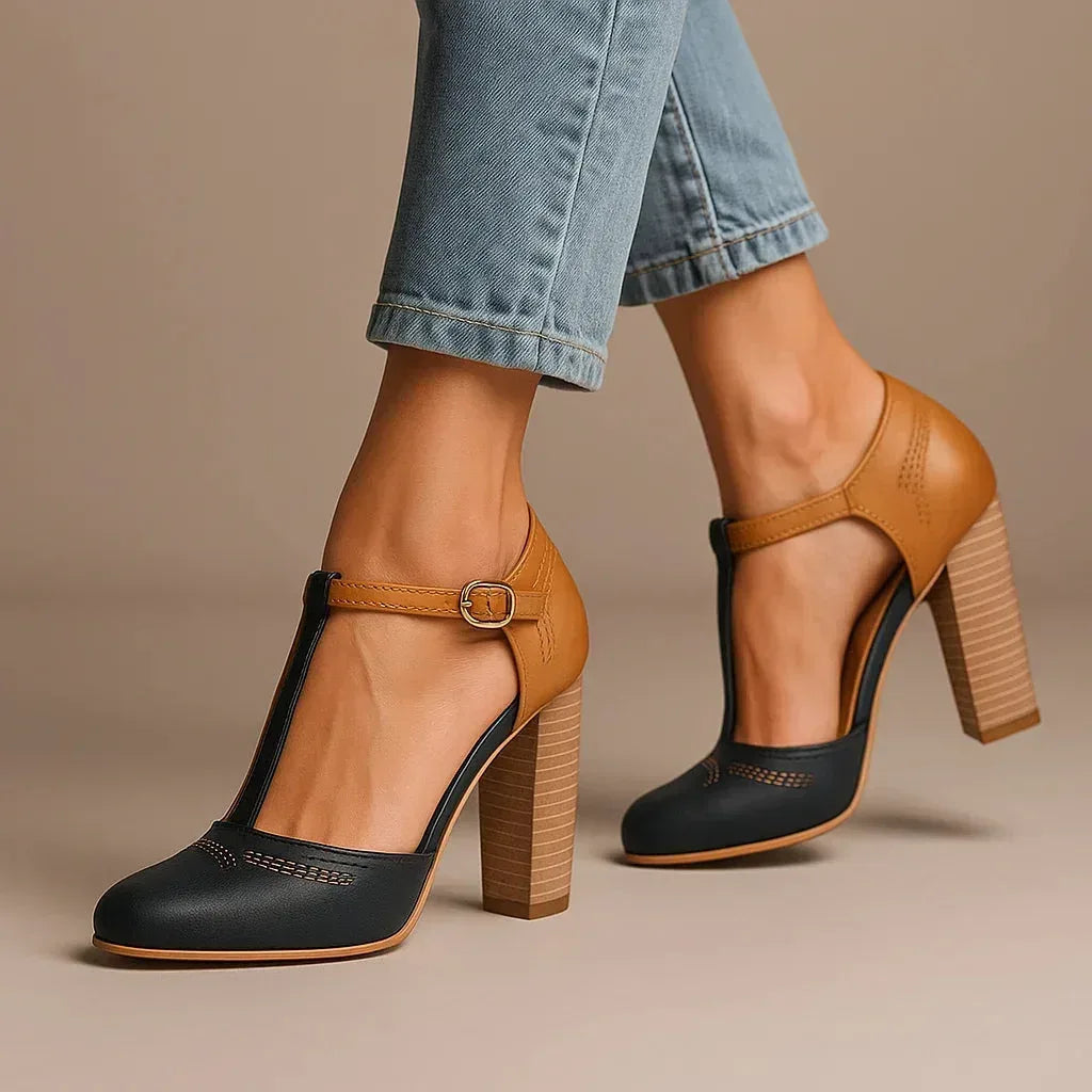 Two-tone block heel pumps — versatile shoes for daily wear