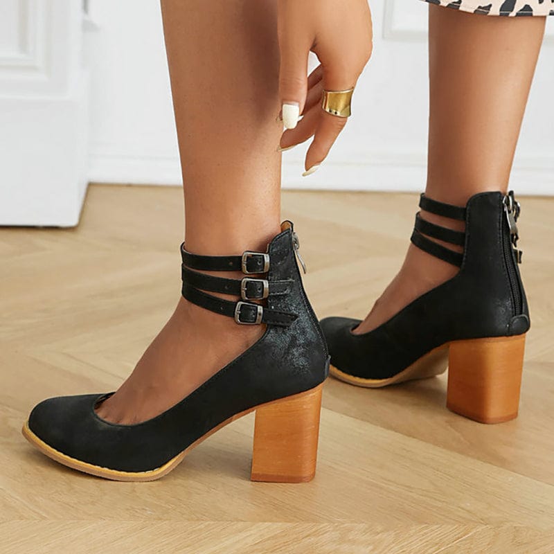Triple Buckle Ankle Strap Block Heels