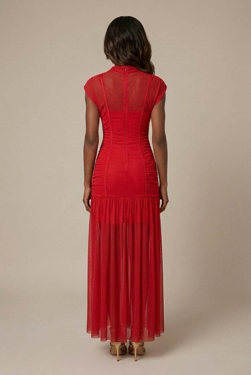 Mesh Drop Waist Maxi Dress Ruched High Neck Cap Sleeve Fitted Bodice Gown