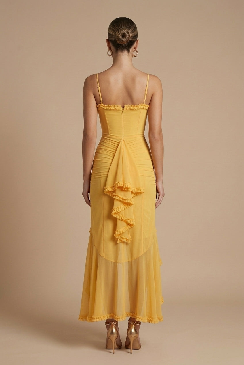 Ruched Spaghetti Strap Maxi Dress Ruffle Trim High-Low Hem Bodycon Evening Dress
