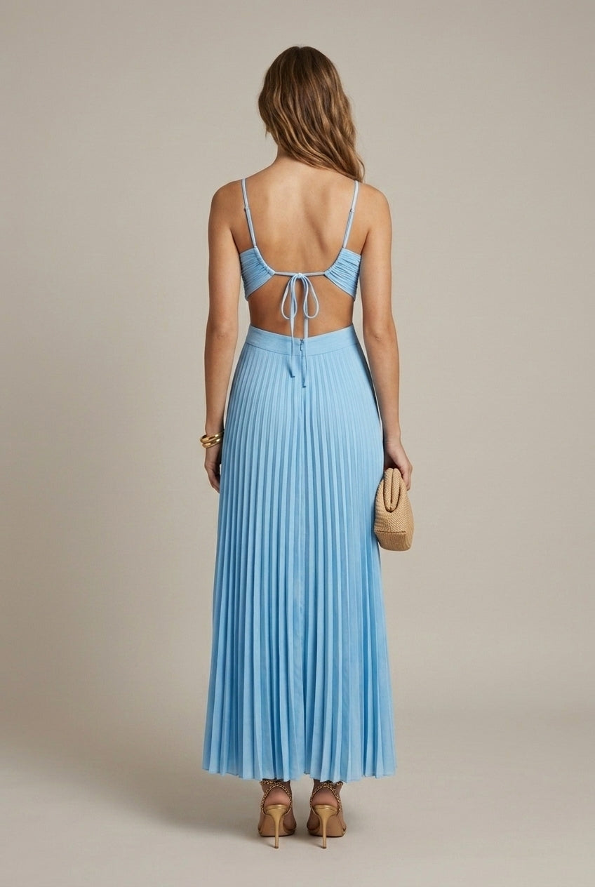 Halter Neck Pleated Maxi Dress Cut-Out Backless Formal Evening Wedding Guest Dress