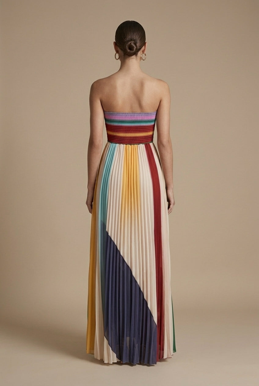 Strapless Striped Pleated Maxi Dress with Smocked Bodice and Asymmetric Hem