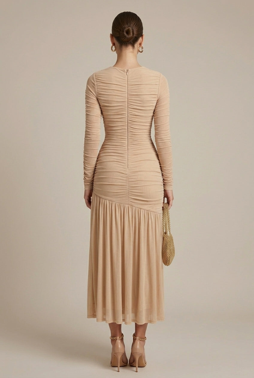 Long Sleeve Ruched Drop Waist Maxi Dress with Fluted Skirt and Crew Neckline