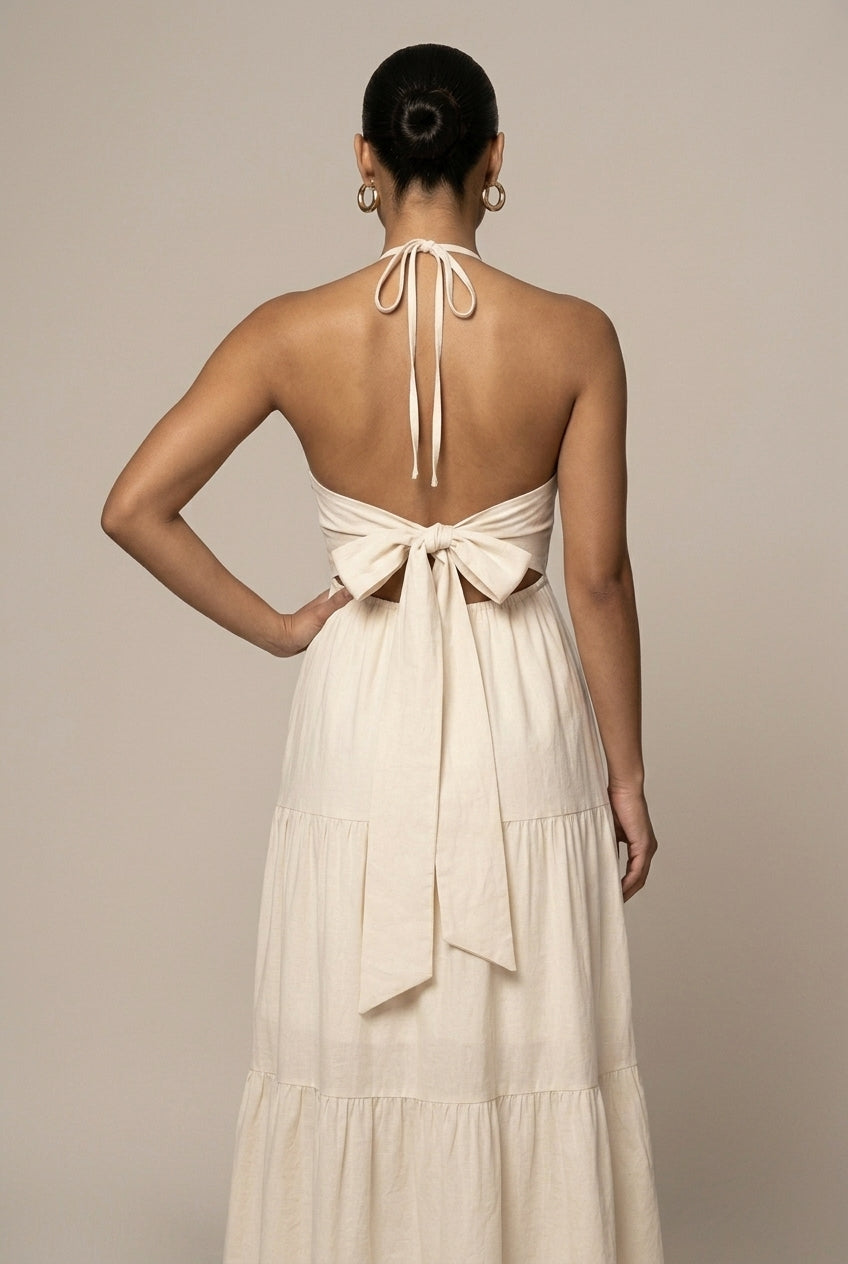 Women's Halter Neck Maxi Dress with Tiered Ruffle Skirt and Open Back Tie Waist