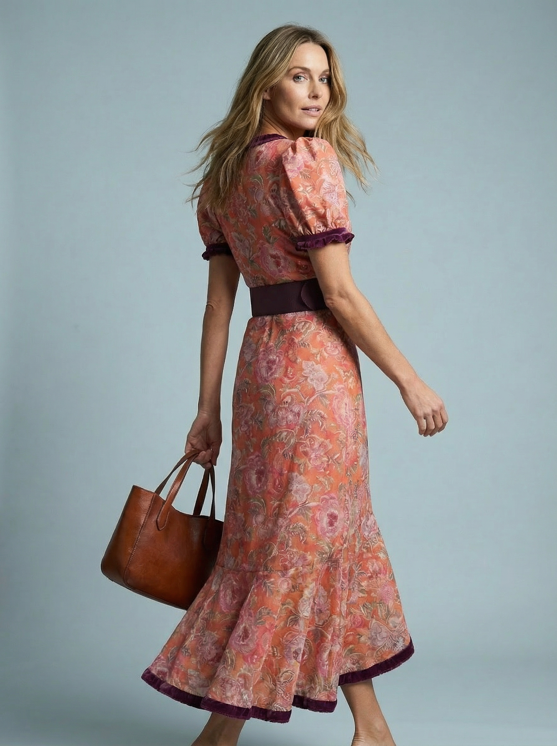 A-Line Midi Dress with Puff Short Sleeves Belted Waist and Flared Skir – Petroomies