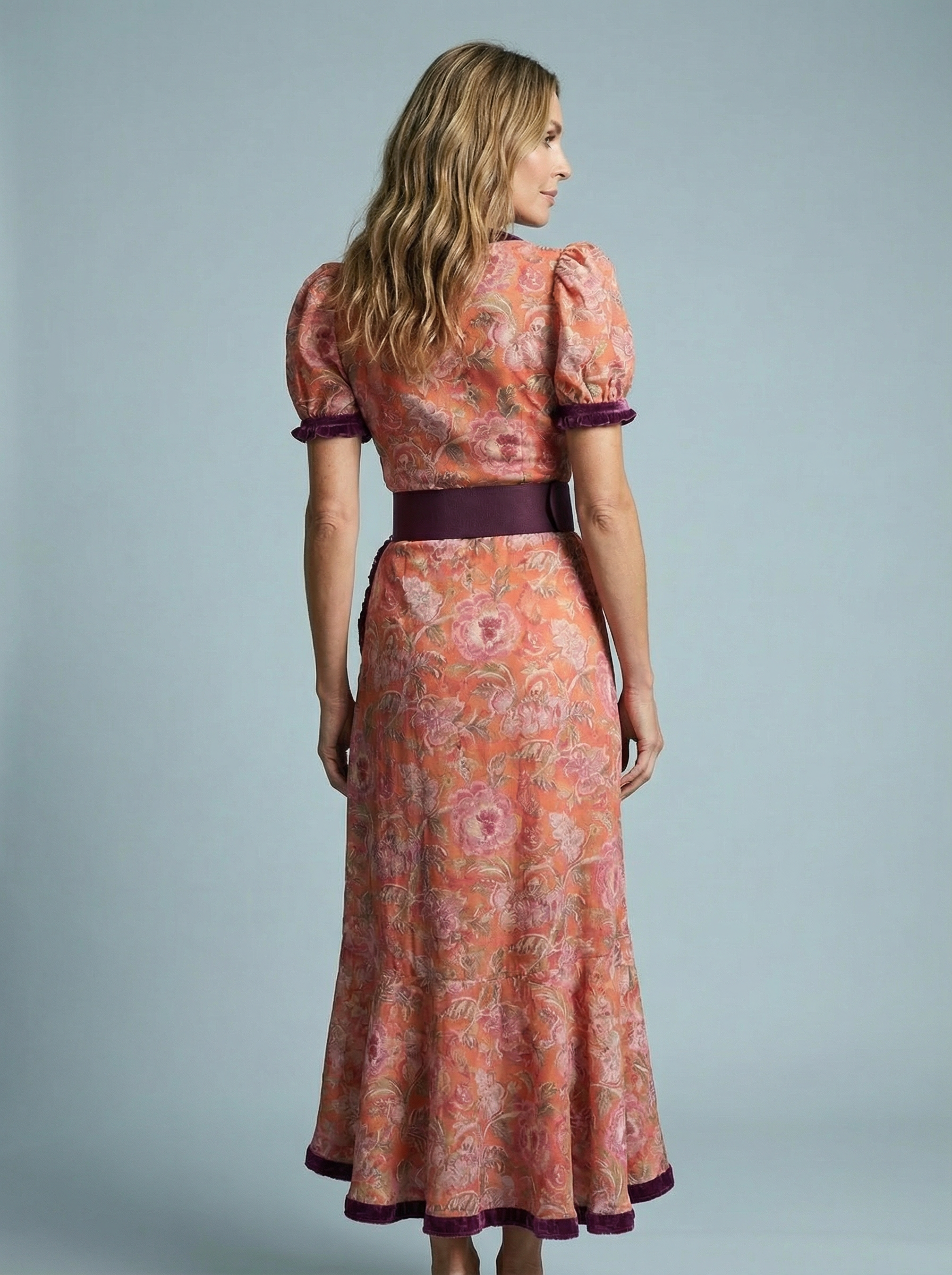 A-Line Midi Dress with Puff Short Sleeves Belted Waist and Flared Skirt