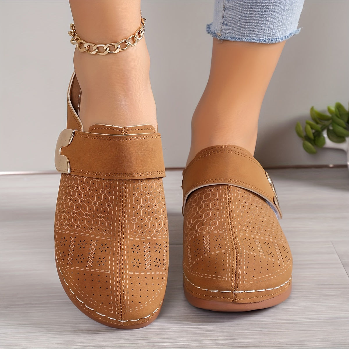 Comfort slippers — slip-on mules with a textured sole for indoor use
