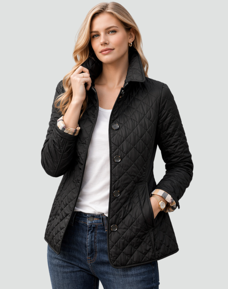 Women's Quilted Jacket Structured Collar Button Front Lightweight Casual