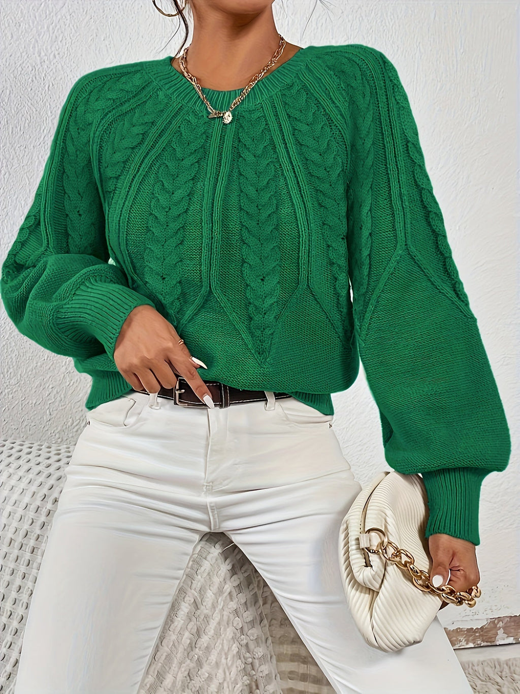Women's Cable Knit Sweater with Relaxed Fit and Lantern Sleeves for Everyday Wear