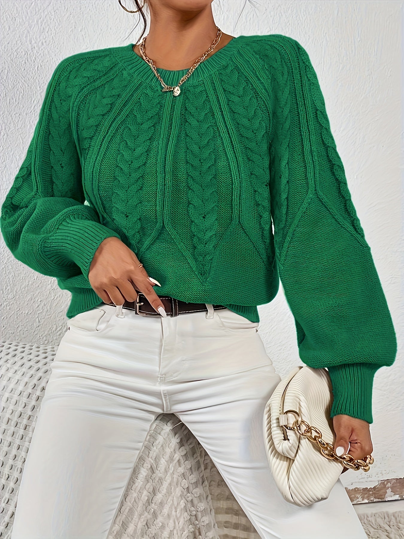 Women's Cable Knit Sweater with Relaxed Fit and Lantern Sleeves for Everyday Wear