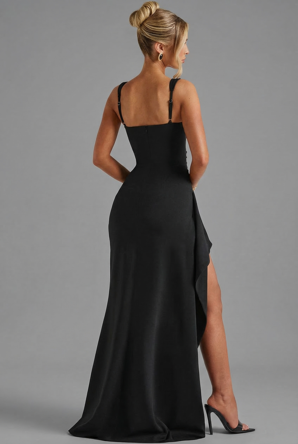 Square Neck Bodycon Slip Maxi Dress with Leg Split and Open Back Evening Gown