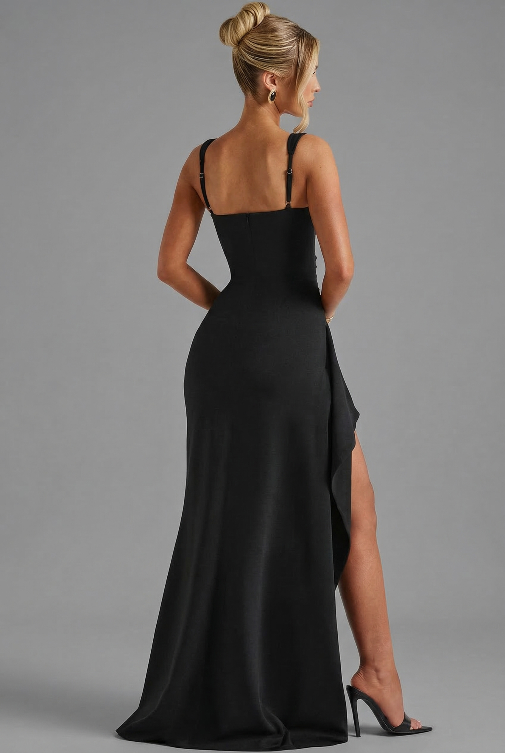 Square Neck Bodycon Slip Maxi Dress with Leg Split and Open Back Evening Gown