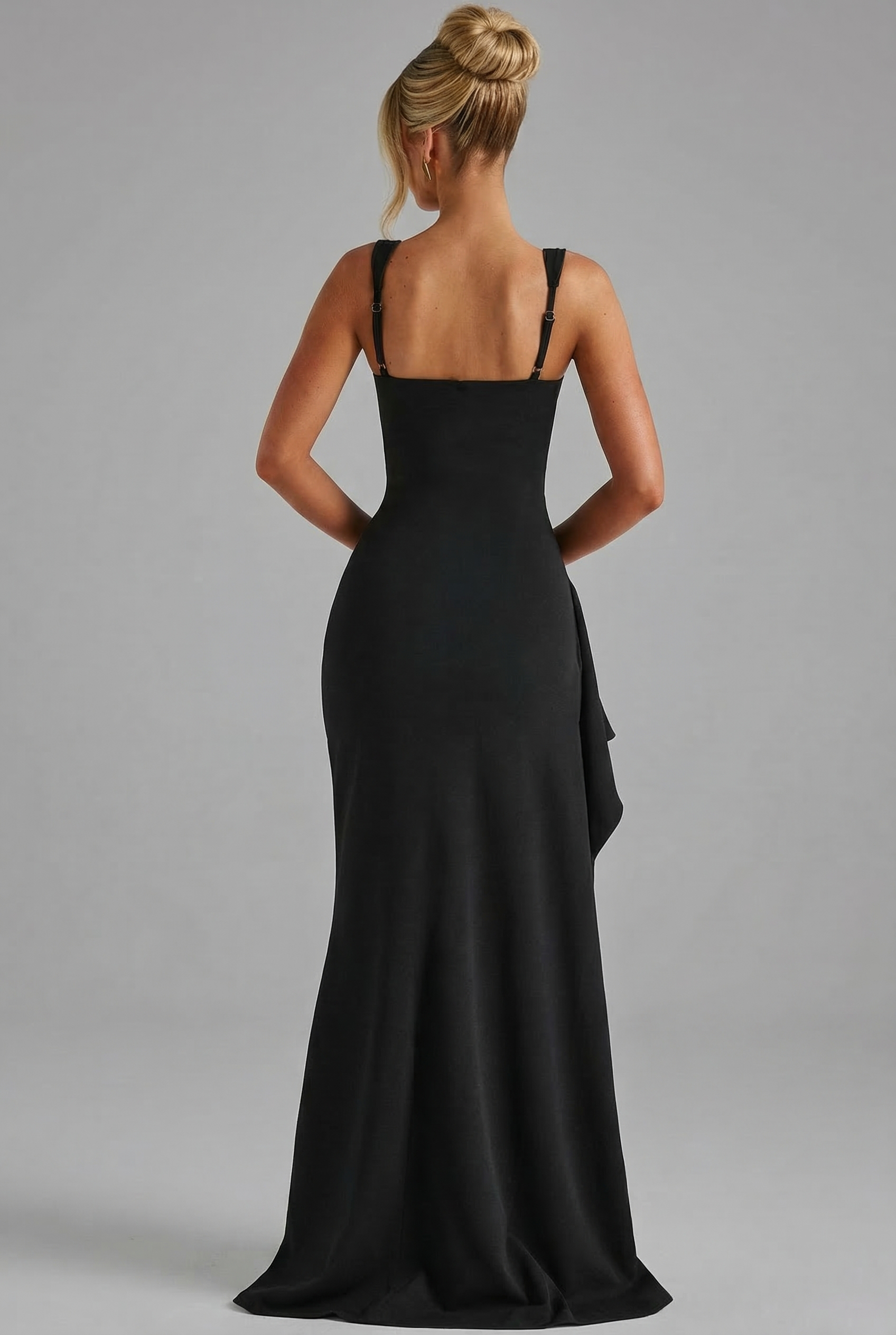 Square Neck Bodycon Slip Maxi Dress with Leg Split and Open Back Evening Gown