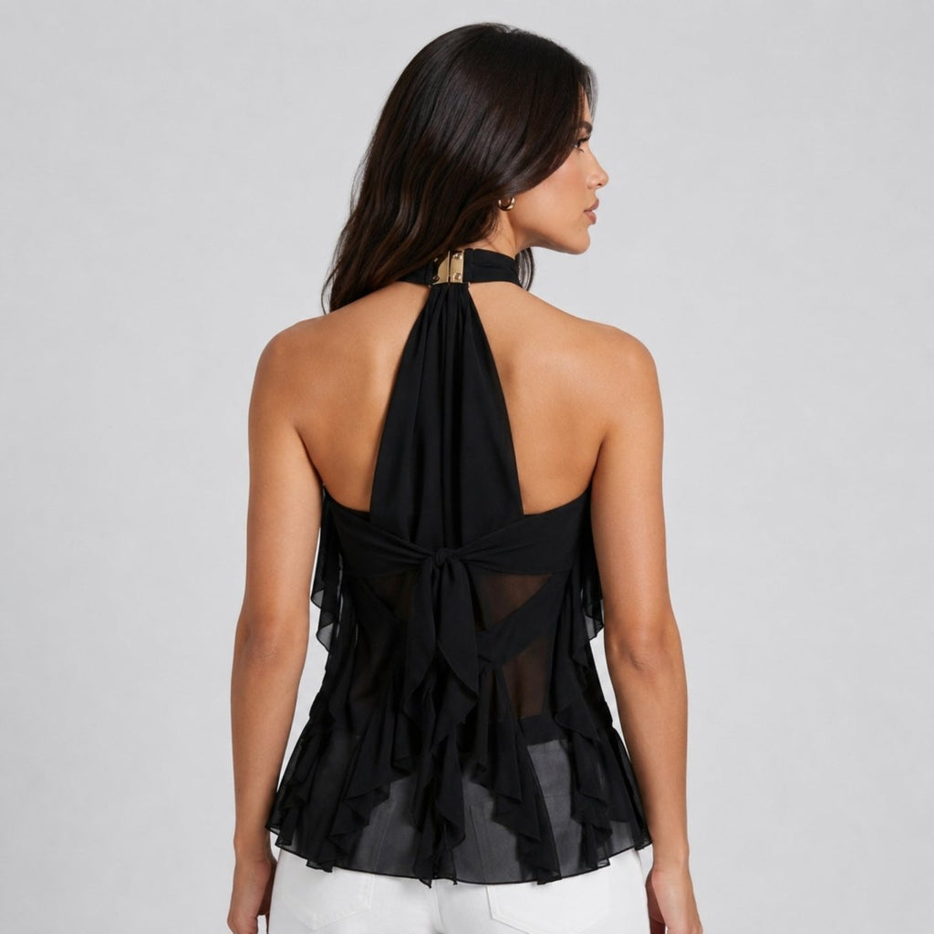 Women's ruffle halter top | sleeveless cascading blouse for formal wear