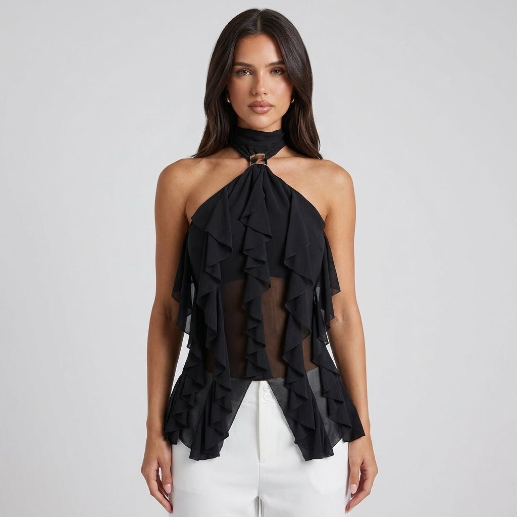 Women's ruffle halter top | sleeveless cascading blouse for formal wear