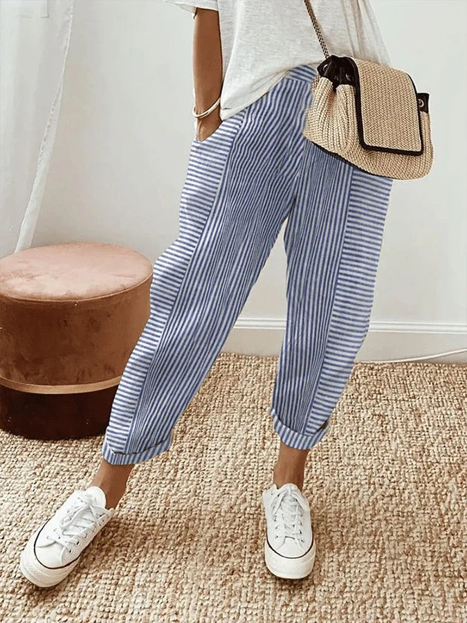 Striped trousers with drawstring — relaxed fit for daily wear
