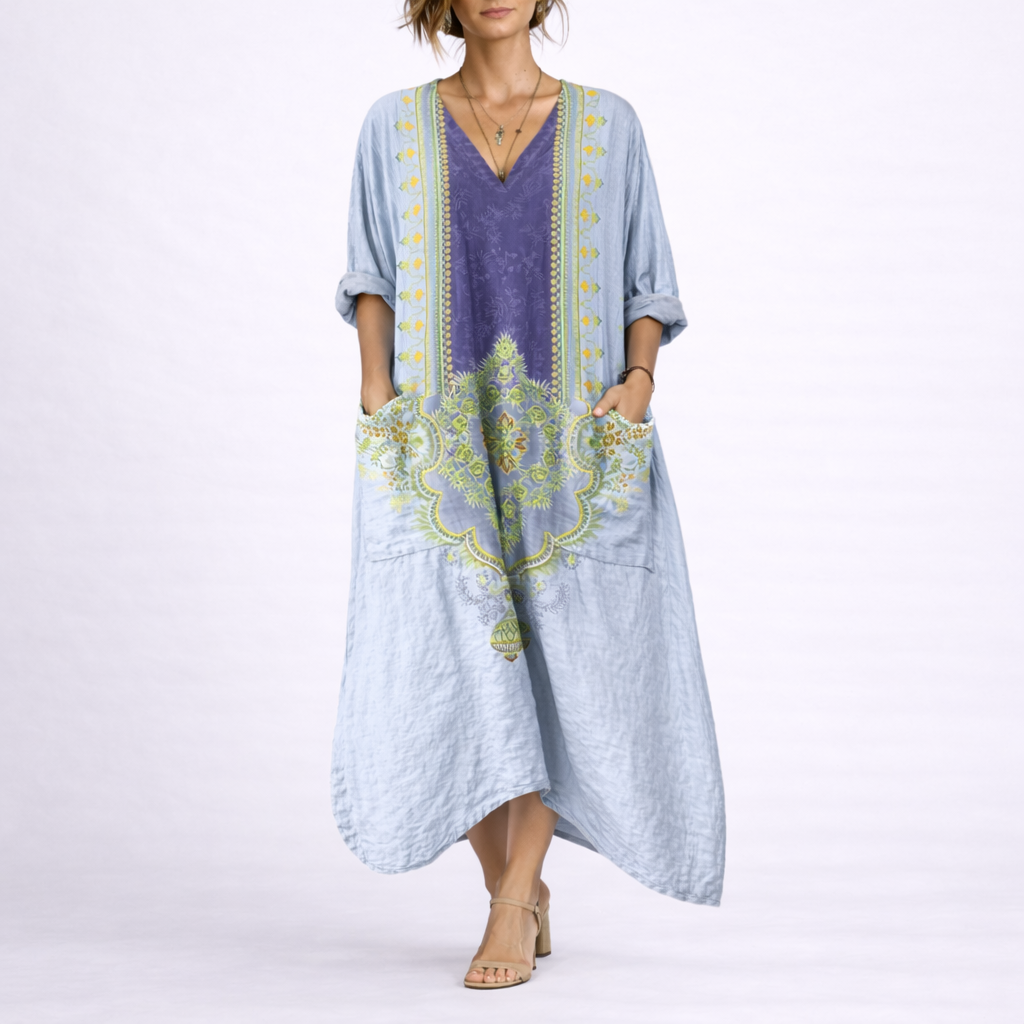 Printed V-Neck Maxi Kaftan Dress