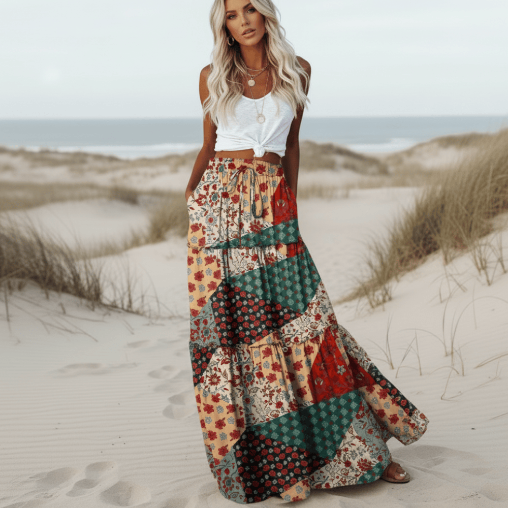 Women's cotton maxi skirt with patchwork floral print — vacation