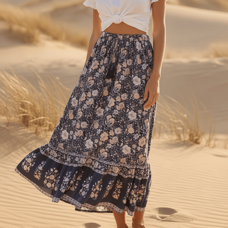 Women's floral maxi skirt — a-line tassel drawstring — beach summer holiday