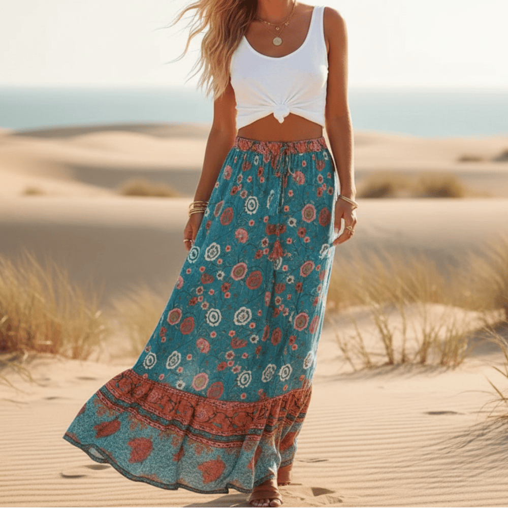 Women's cotton maxi skirt with floral print and drawstring waist — vacation