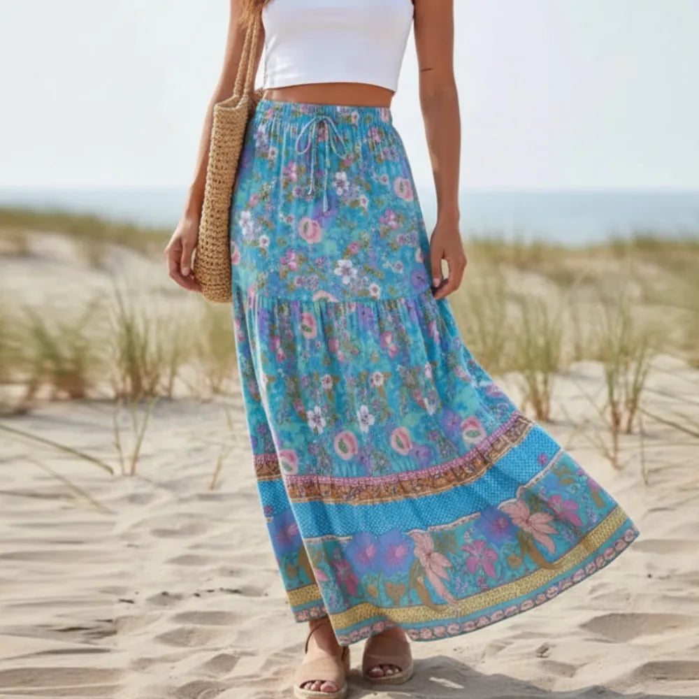 Women's cotton maxi skirt with ruffled hem and drawstring — vacation