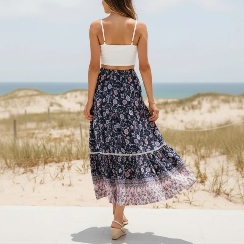 Women's floral maxi skirt — cotton blend lace-up — beach vacation