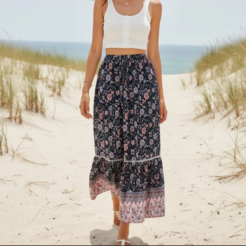 Women's floral maxi skirt — cotton blend lace-up — beach vacation
