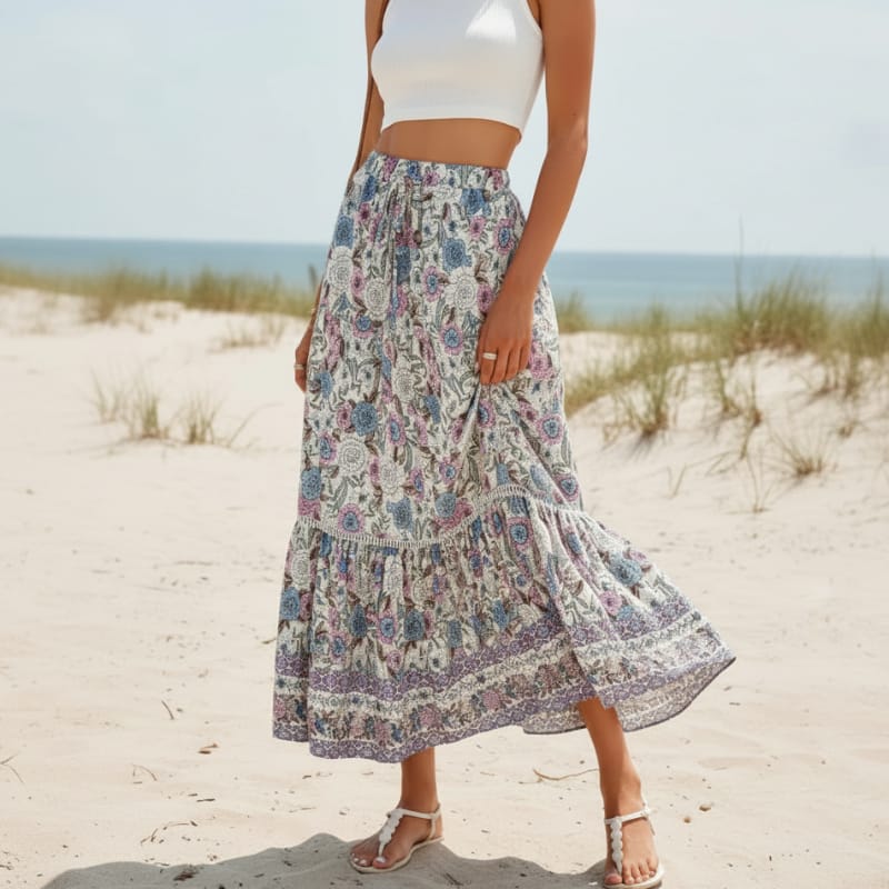 Women's floral maxi skirt — cotton blend lace-up — beach vacation