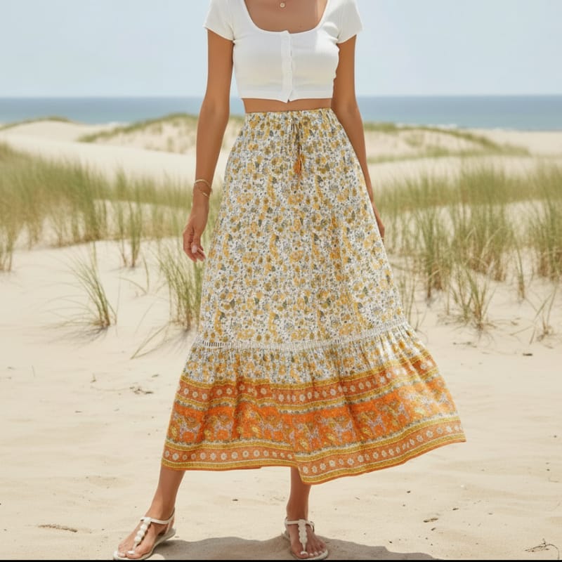 Women's floral maxi skirt — cotton blend lace-up — beach vacation