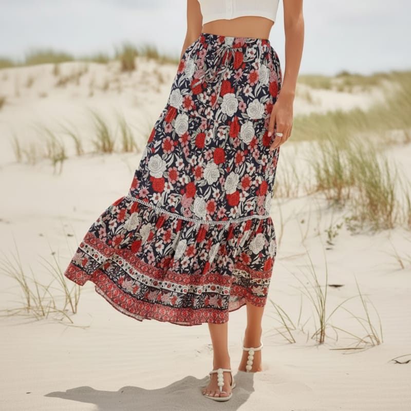 Women's floral maxi skirt — cotton blend lace-up — beach vacation