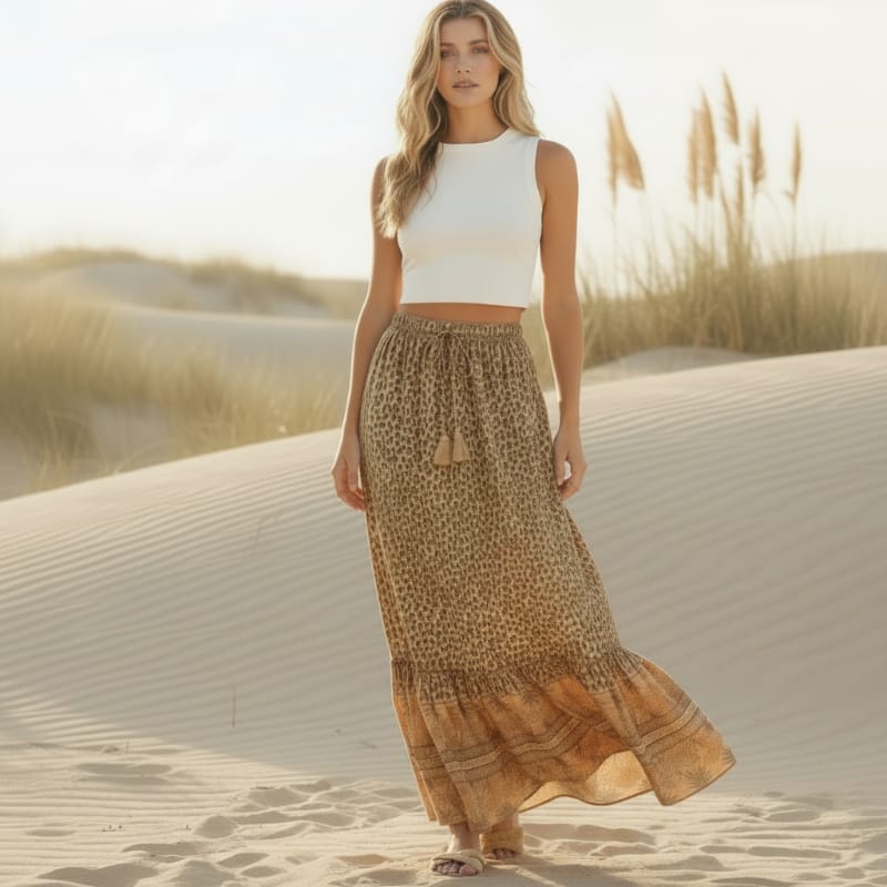 Leopard print cotton maxi skirt — ruffled hem drawstring — beach holiday