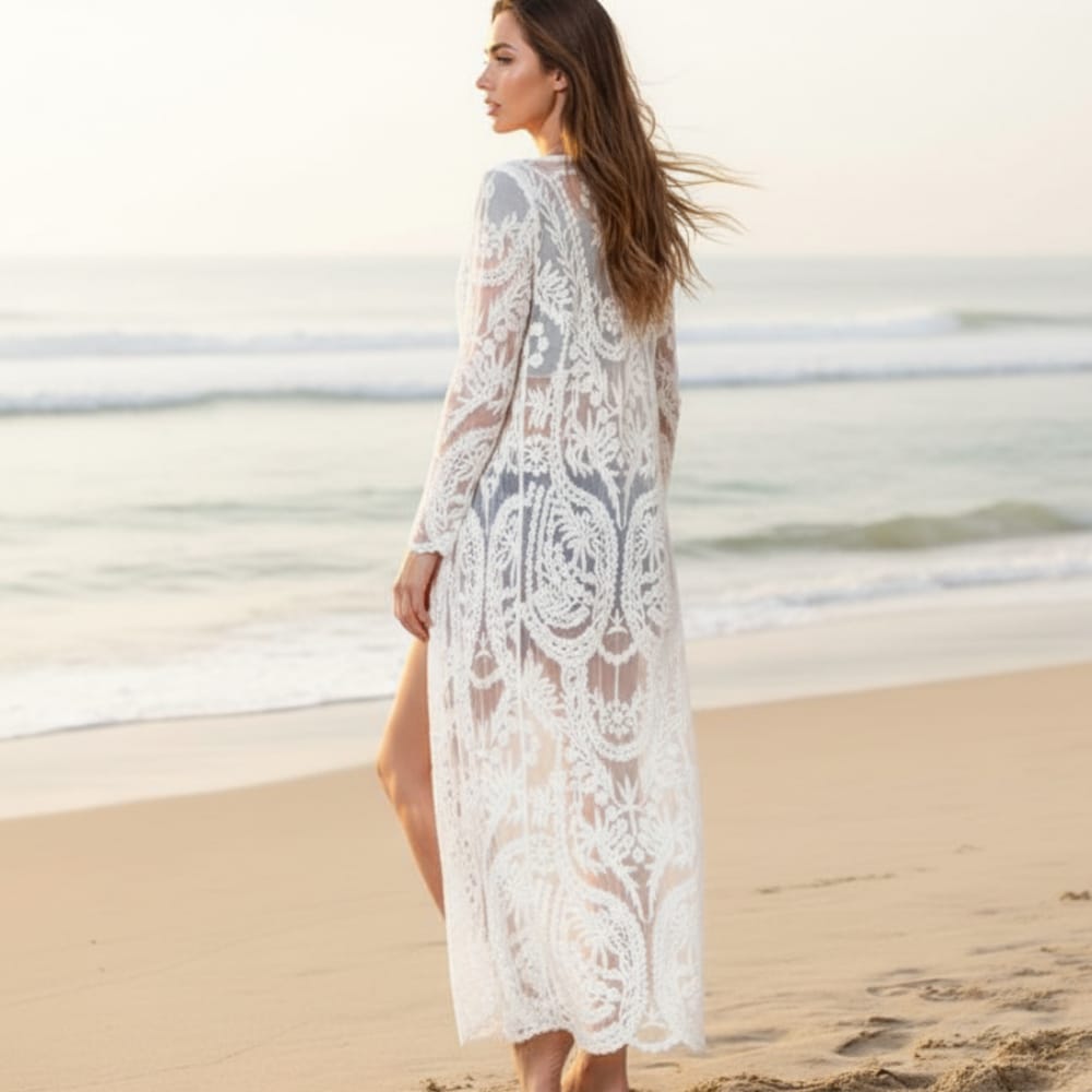 Women's floral lace kimono — ankle length cover-up — beach holiday