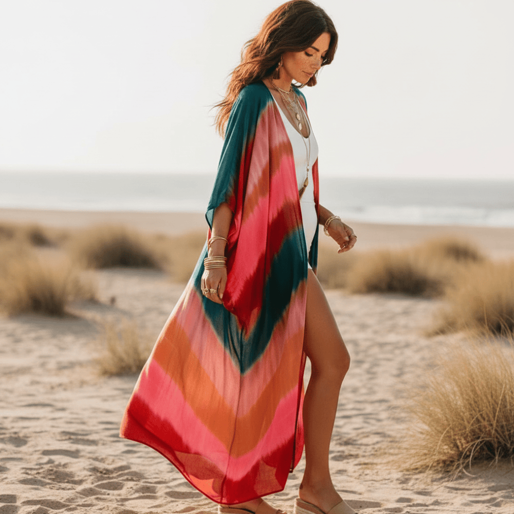 Women's striped beach kimono — long sleeve cover-up — summer holiday