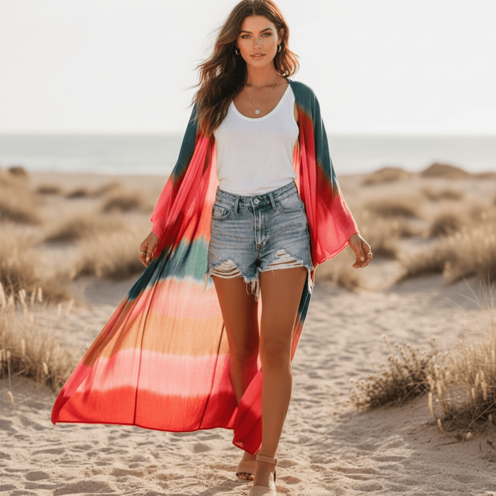 Women's striped beach kimono — long sleeve cover-up — summer holiday