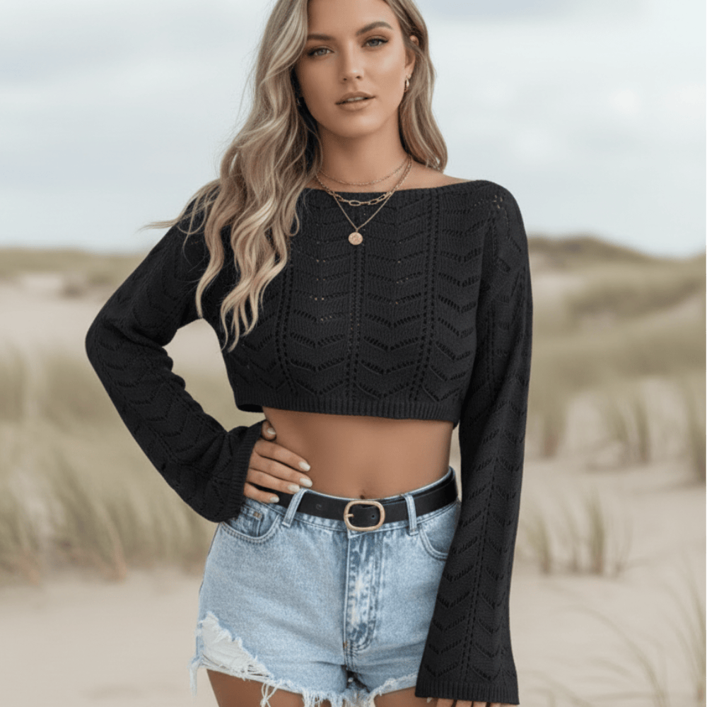 Women's flare sleeve hollow knit crop top — boho style — beach