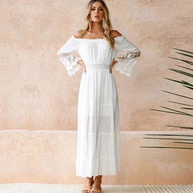 Off Shoulder Maxi Dress Bell Sleeve Lace Cuff Smocked Waist Evening Occasion Dress