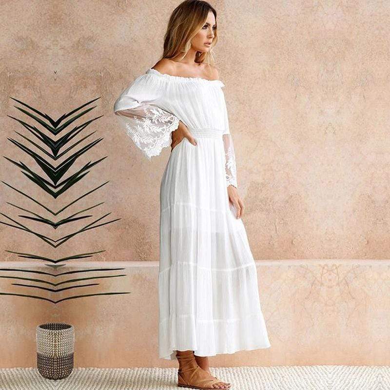 Off Shoulder Maxi Dress Bell Sleeve Lace Cuff Smocked Waist Evening Occasion Dress