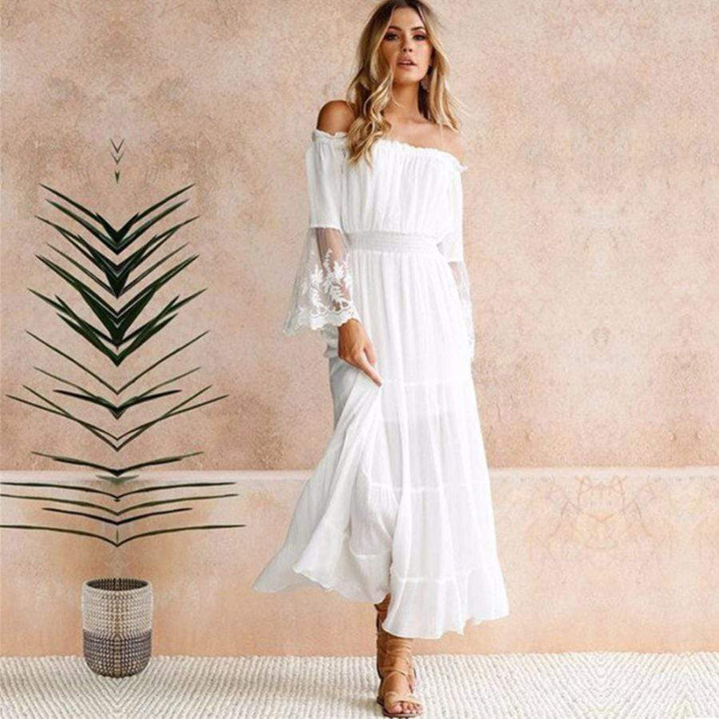 Off Shoulder Maxi Dress Bell Sleeve Lace Cuff Smocked Waist Evening Occasion Dress