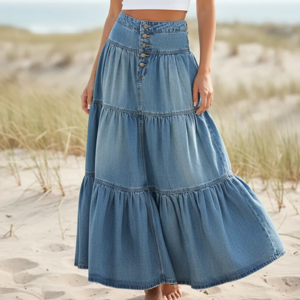 Maxi skirt for women — cotton blend high waist ruffled — festival