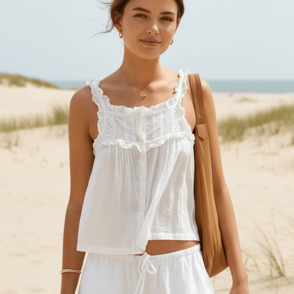Women's crop top with lace trim and ruffle detail — boho festival