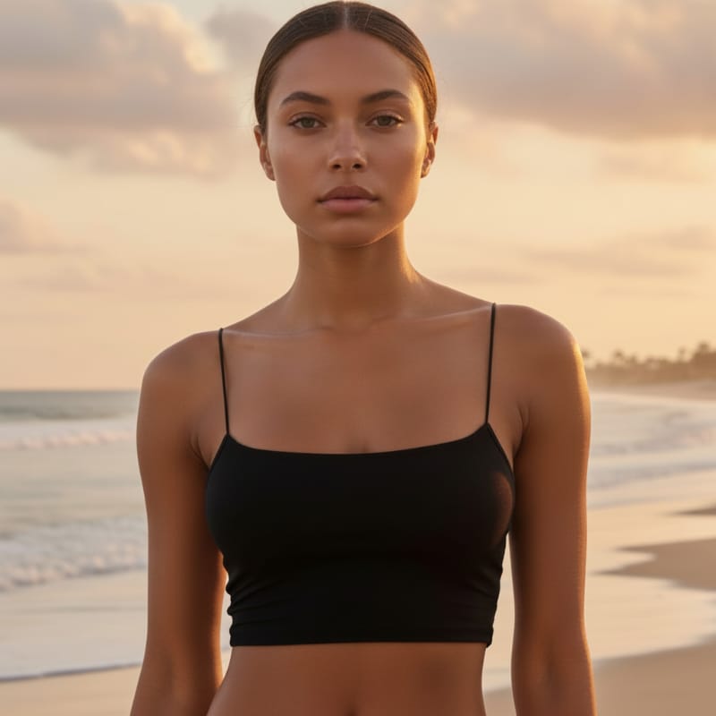 Women's crop top cami in cotton blend with spaghetti straps — beach