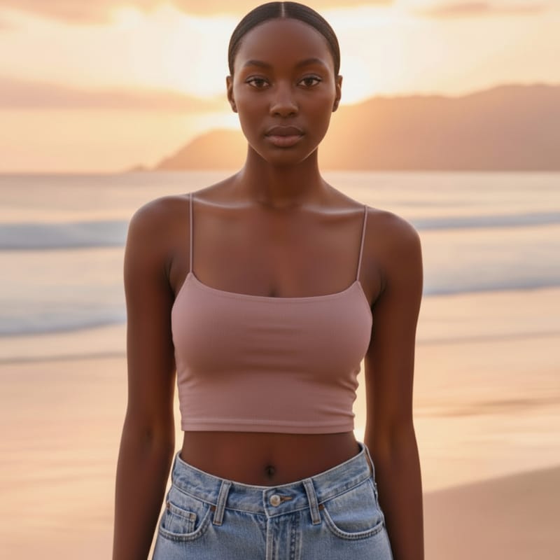 Women's crop top cami in cotton blend with spaghetti straps — beach