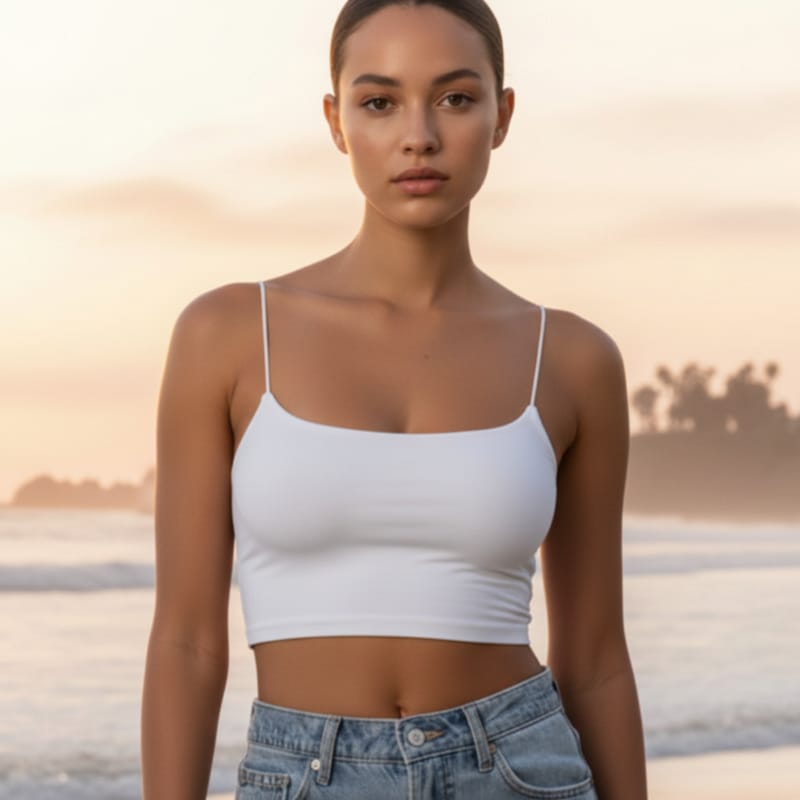 Women's crop top cami in cotton blend with spaghetti straps — beach